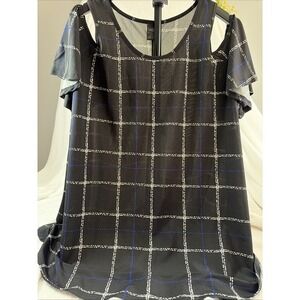 Lildy Cold Shoulder Tunic L/XL Black Plaid Sheer Chic Retro